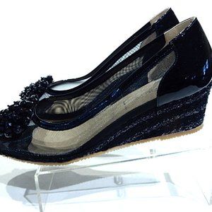 Ron White Black Patent & Mesh Peep Toe Wedges in Size 8 (New)